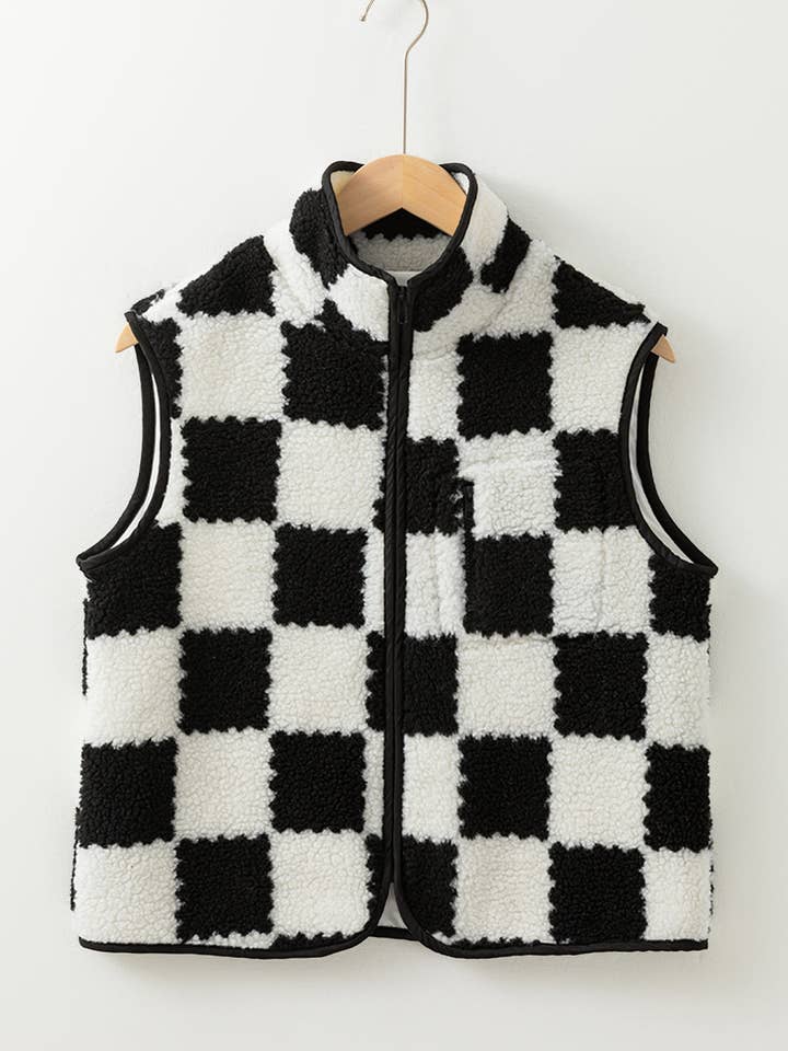 Threaded Pear - Wholesale Outerwear Vest - Women's - Mindi Checkered Sherpa Collared Jacket Vest8