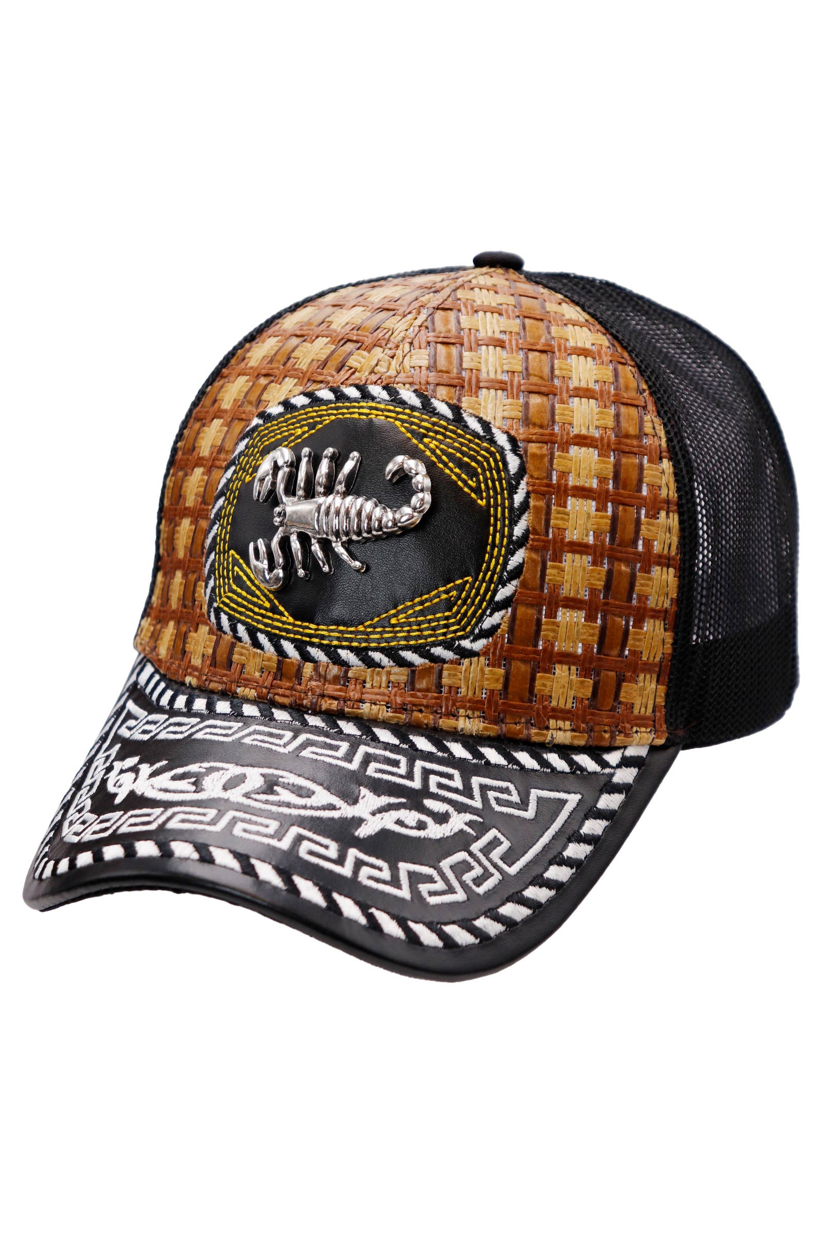 Cap Zone - Wholesale Trucker Hat - Unisex - Silver Emblem Vegan Leather Straw Mesh Charro Cap1