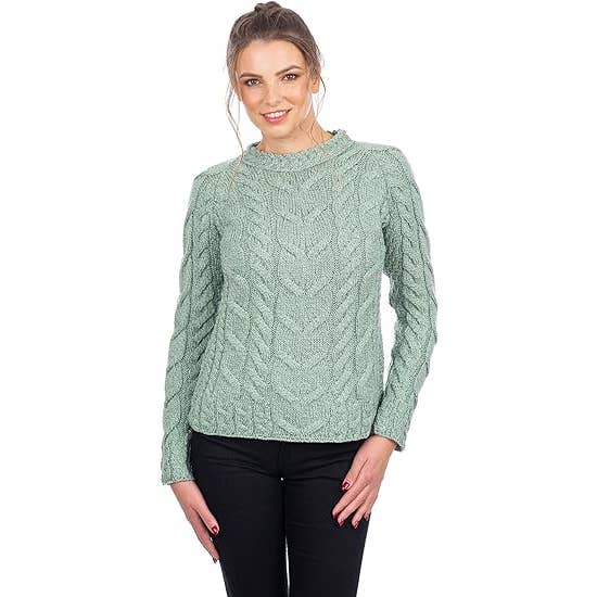 Jersey estilo cable Seafoam Green, supersuave, de merino, para mujer para venta al por mayor de Dublin Gift Company