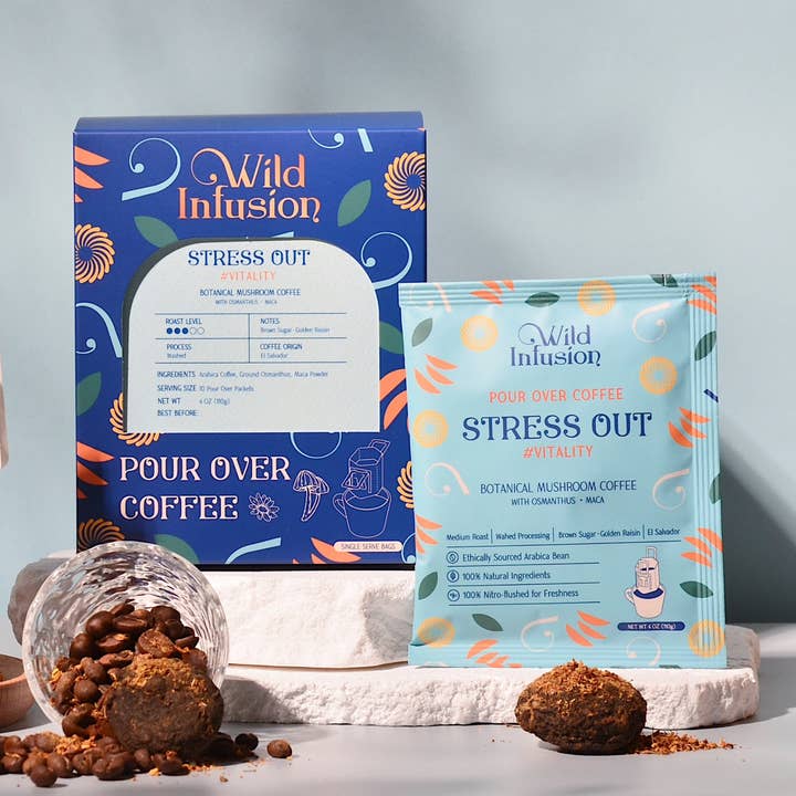 Stress Out I Vitality Mushroom Coffee with Maca & Osmanthus for wholesale by WILD INFUSION COFFEE