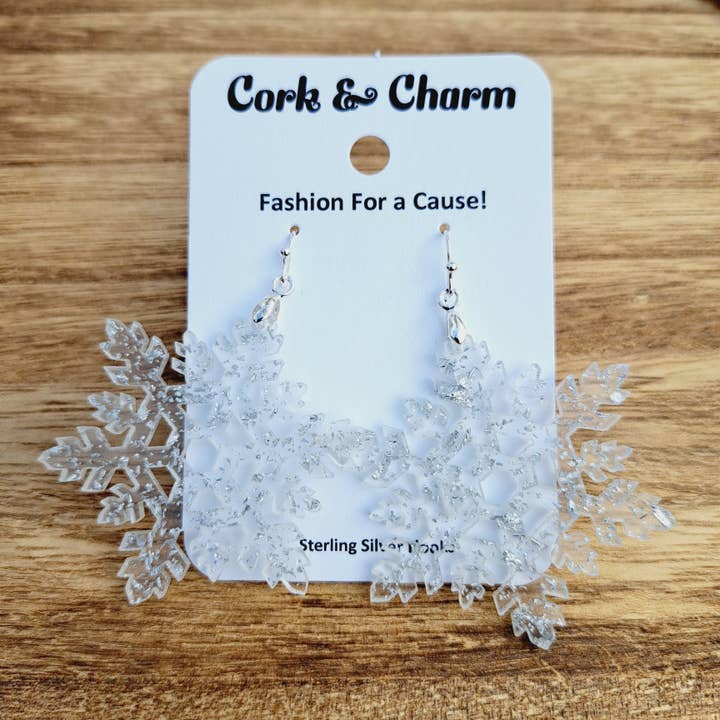 Clear Sparkle Snowflake Acrylic Sterling Silver Earrings for wholesale by Cork and Charm