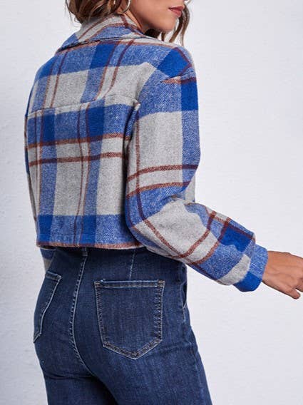 Rosa Clothing - Wholesale Shirt Jacket/Shacket - Women's - Plaid Balloon Sleeve Cropped Shirt Jacket12