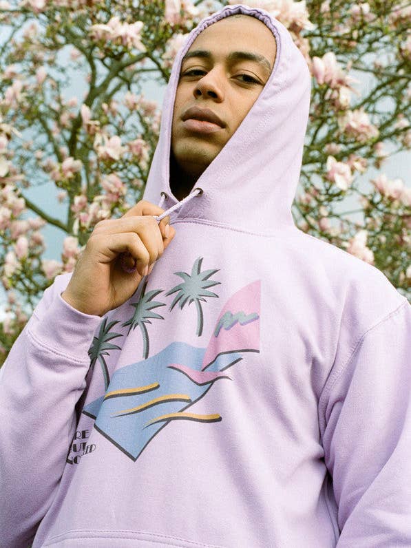 Felpa con cappuccio in lilla con stampa California Palm anni '80 per la vendita all'ingrosso da parte di Dream But Do Not Sleep
