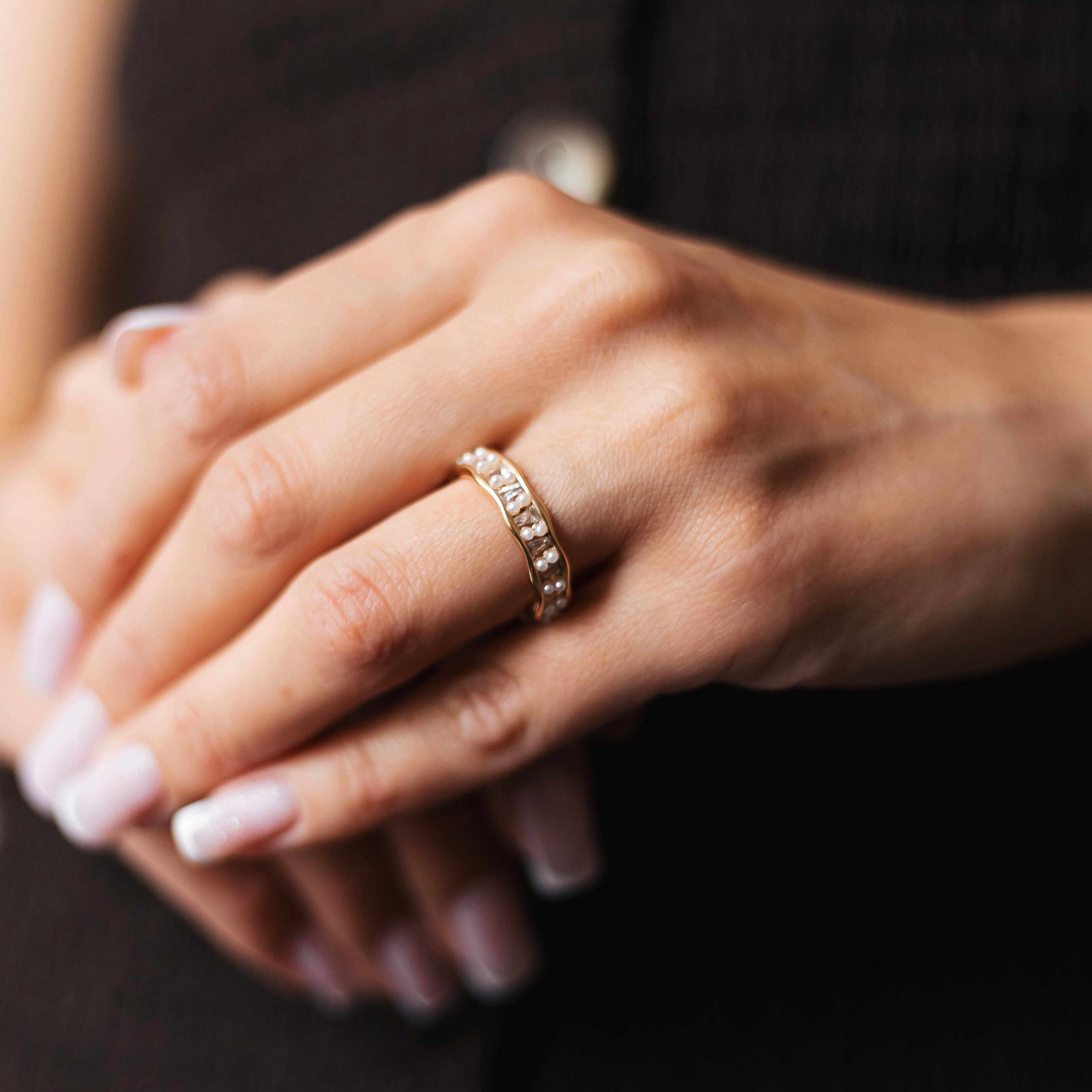 Sedy Jewelry - Wholesale Multi-Stone Ring - Gold Plated Adjustable Ring with Pearls and Cubic Zirconia1