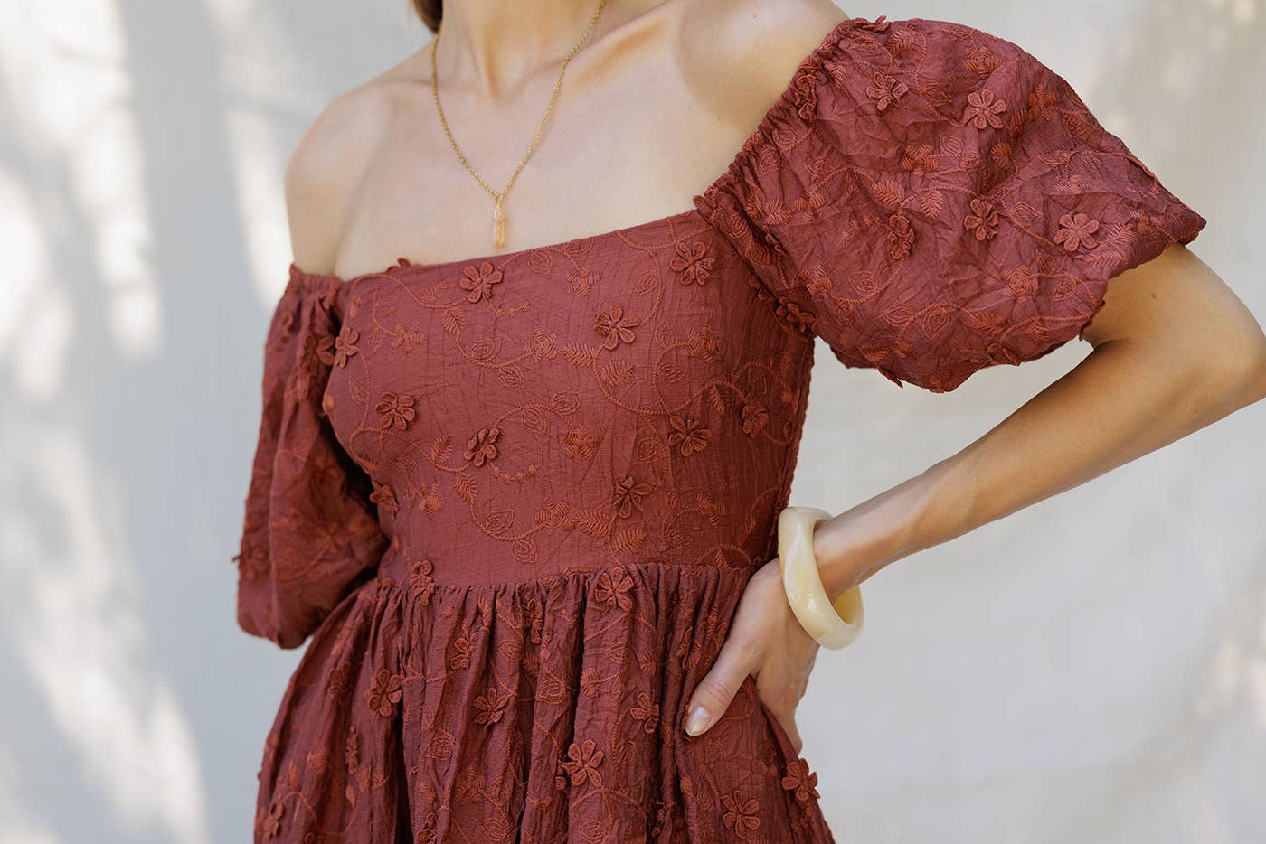 RUST YD5019 Embroidered Puff Sleeve Off-Shoulder Mini Dress for wholesale on Faire4