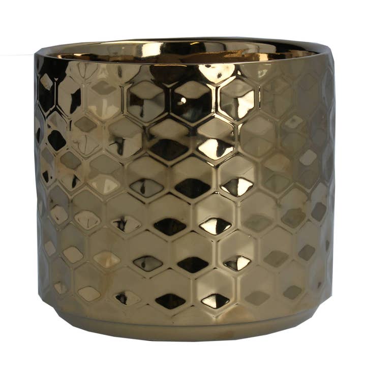GE32023: Gld honeycomb ceramic pot cover,4.75x5.5x5.5in for wholesale by Silver Tree Home & Holiday