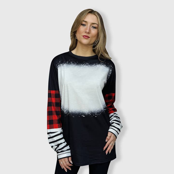 ILTEX Apparel - Wholesale Sublimation Blank T-Shirt - Women's - Black Plaid Stripe Long Sleeve Blank Top