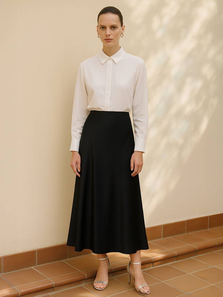 ESSENTIAL SATIN A-LINE MAXI SKIRT - BLACK for wholesale on Faire
