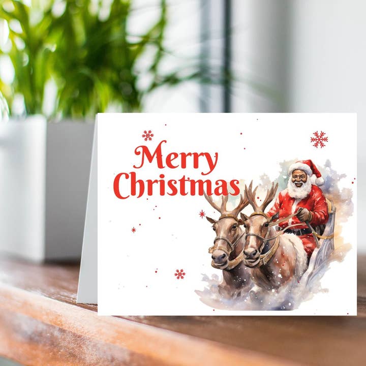 Joyeux Noël - Père Noël Noir avec Rennes & Traîneau pour la vente par Mint Greetings Inc.