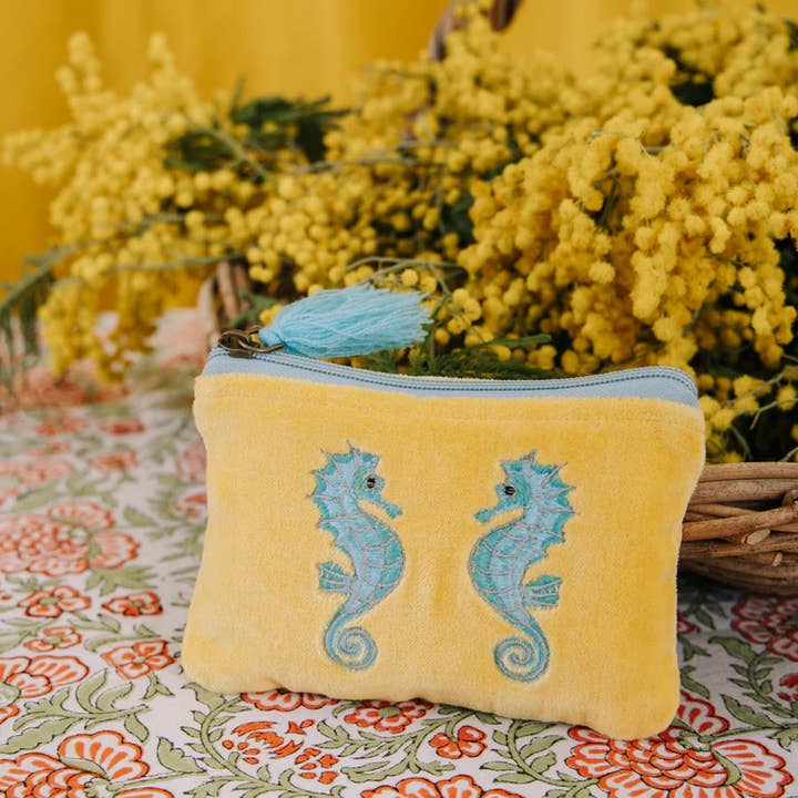 Pink Lemons Ltd - Wholesale Pouch - Women's - Velvet Seahorse Pouch - Yellow & Turquoise2