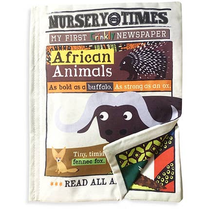 Nursery Times Crinkly Newspaper - African Animals for wholesale by Jo & Nic's Crinkly Cloth Books