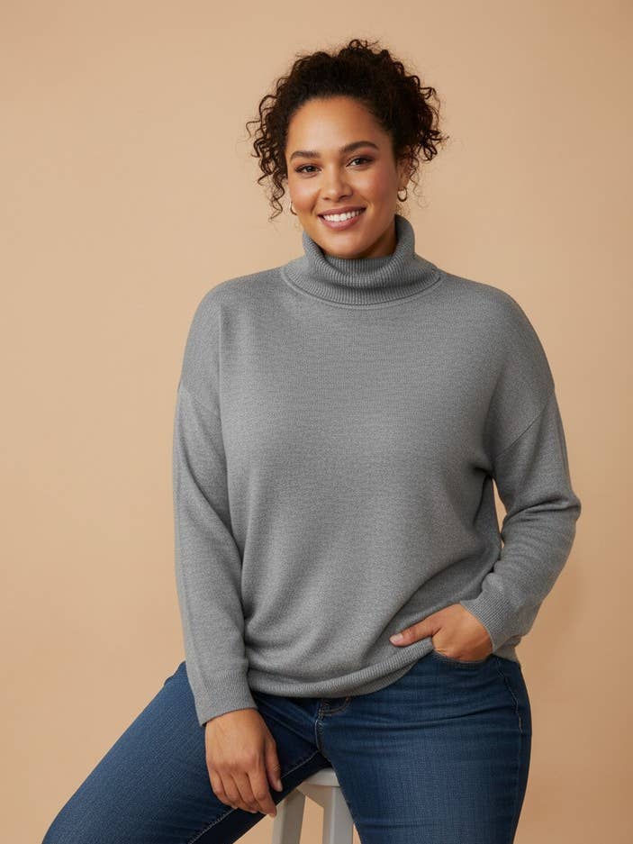 Pomme Rouge Paris - Wholesale Tunic Sweater - Women's - Plus size gray turtleneck sweater (T9360)0