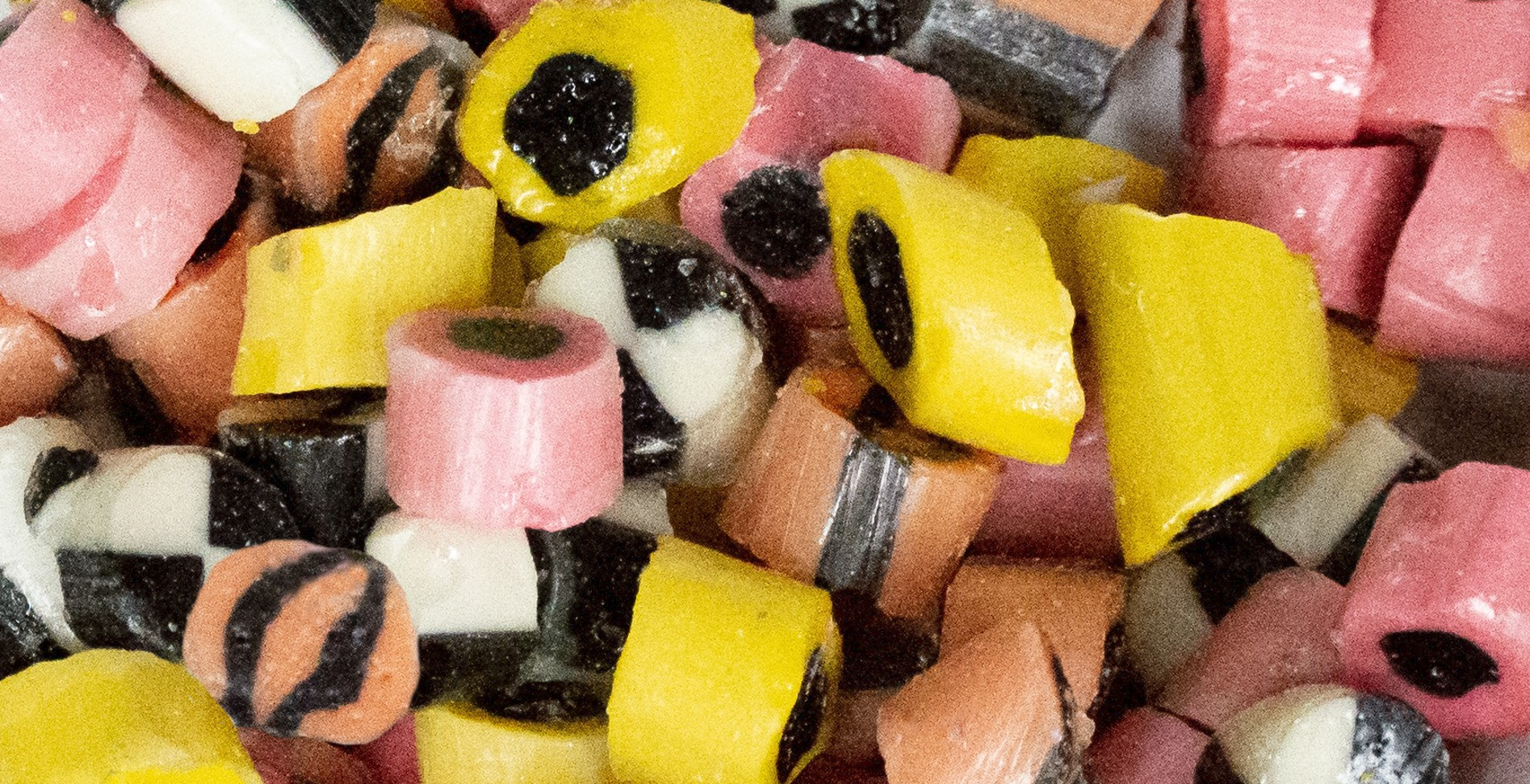 Hames Chocolates – wholesale Liquorice – UK ONLY. Rock Pouch - Liquorice Allsort Rock 150g1