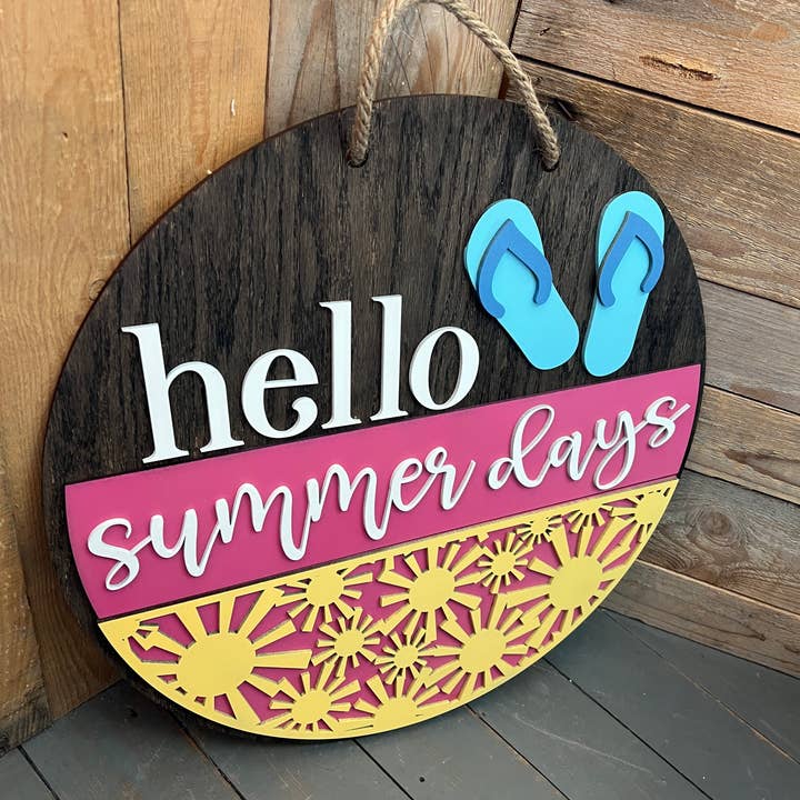 Bord, Hello Summer Days deurhanger, woondecoratie, veranda rond voor wholesale door Rustic Home Co LLC