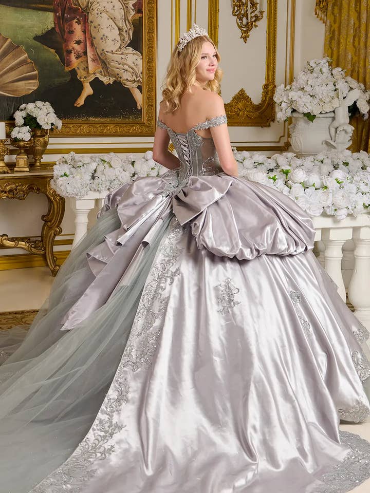 Off Shoulder Buble Hem Quinceanarea Gown w/ Lace Up Back & Floral Lace Embroidery GLGL3652 for wholesale by SMC Fashion