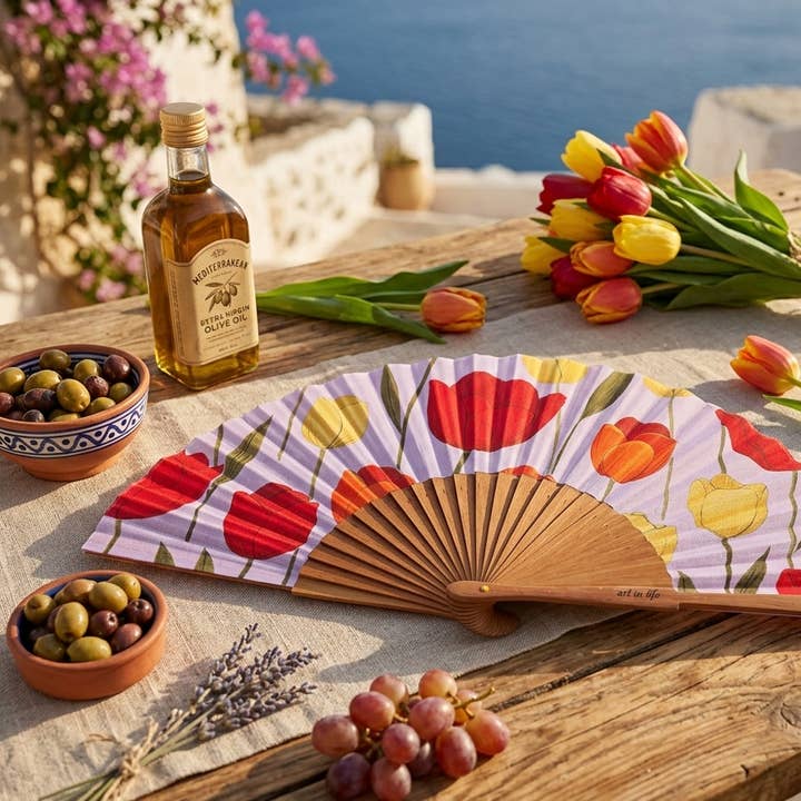 Éventail à main Tulip Garden | Bois floral printanier coloré et tissu pour la vente par Sauga