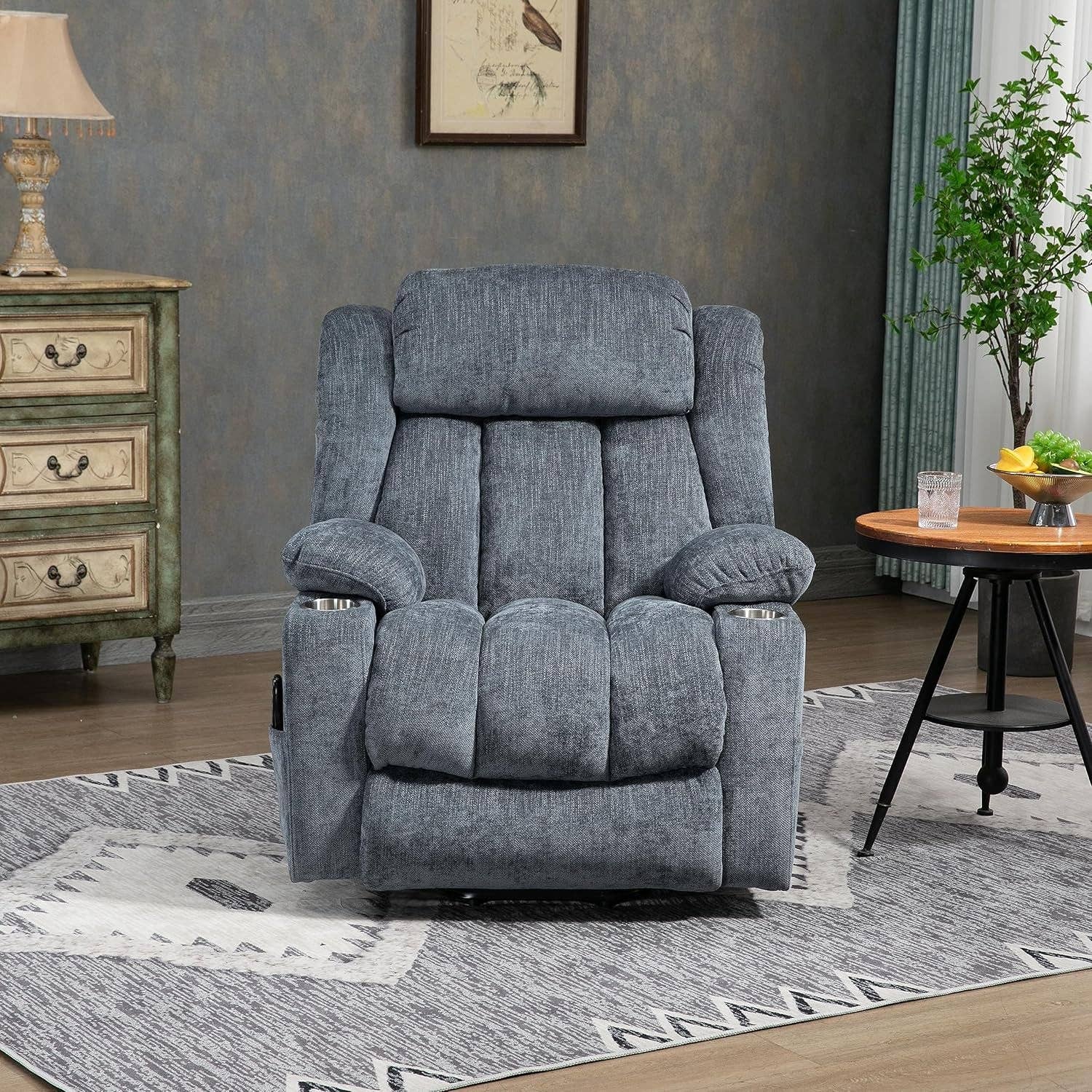 Power Lift Recliner Chair With Full Body Massage And Heat In Elegant Blue Chenille Fabric for wholesale on Faire1