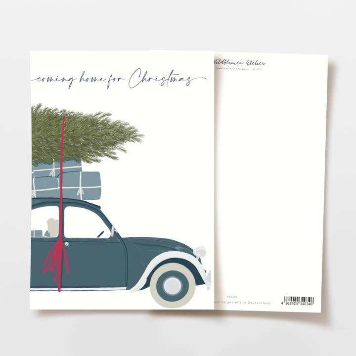 Cartolina di Natale con auto, regali e albero, FSC per la vendita all'ingrosso da parte di Wildblumen Atelier