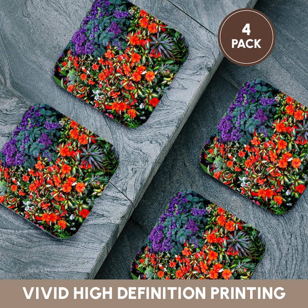 3dRose – wholesale Coasters – 3dRose, USA, Oregon. Cannon Beach Garden. Impatiens. Geraniums. Heliotrope 1., Coaster12