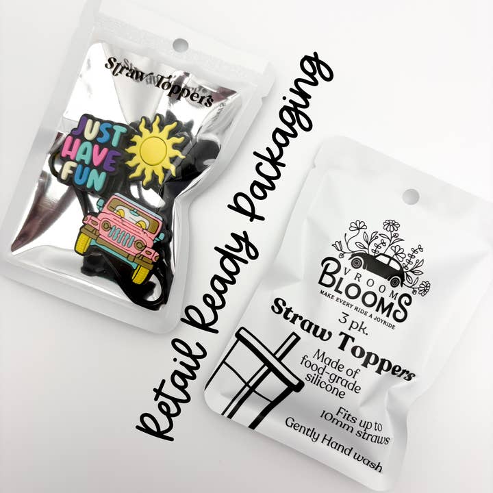Vroom Blooms - Venta al por mayor Pajitas para beber - Juego de 3 tapas para pajitas - Jeep Rosa, Sol, Solo Diviértete