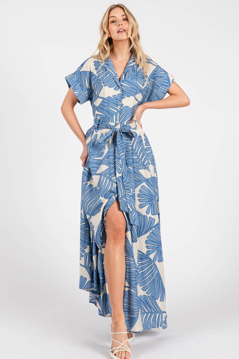 B I G H I T Fashion - Wholesale Dress - Women's - Palm Print Short Sleeve Button-Down Maxi Dress HD3020-BLUE2