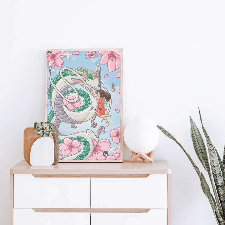 Sarah May Arts - Wholesale Art Print - Spirit Dragon Print | Fine Line Anime Floral Art1