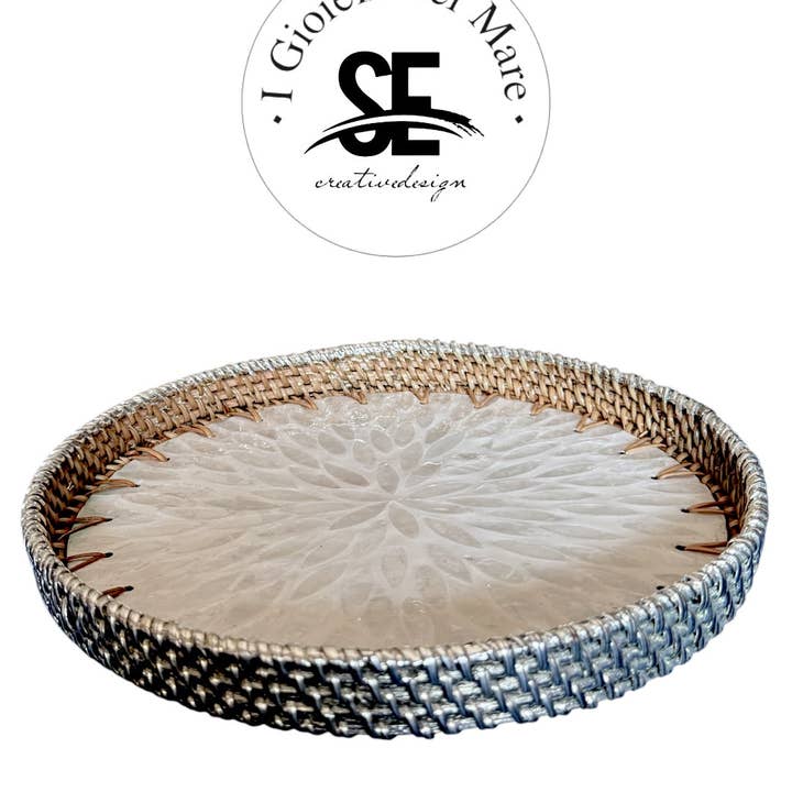 Cod.21214 Tris redondo em rattan com madrepérola interna por atacado de I Gioielli del Mare di Salvatore Esposito