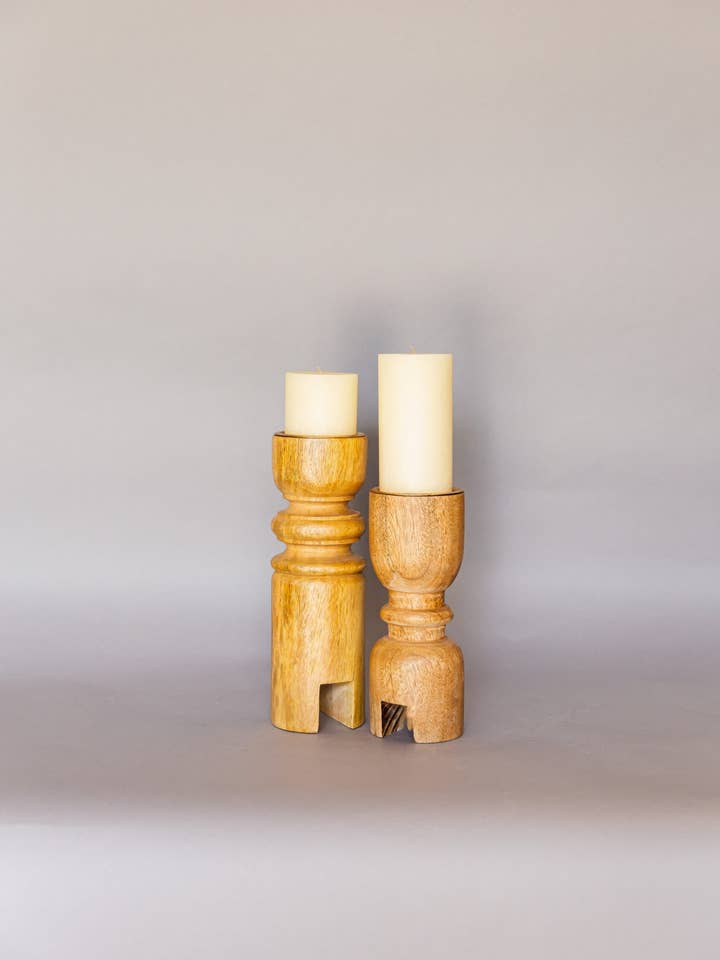 Set of 3 Handmade Wooden Candle Stands-Natural Finish for wholesale by Curated Studio
