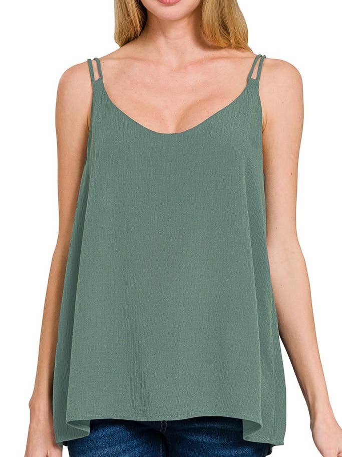 Woven Crinkle Double Spaghetti Strap V-neck Cami Top for wholesale by Vanilla Monkey