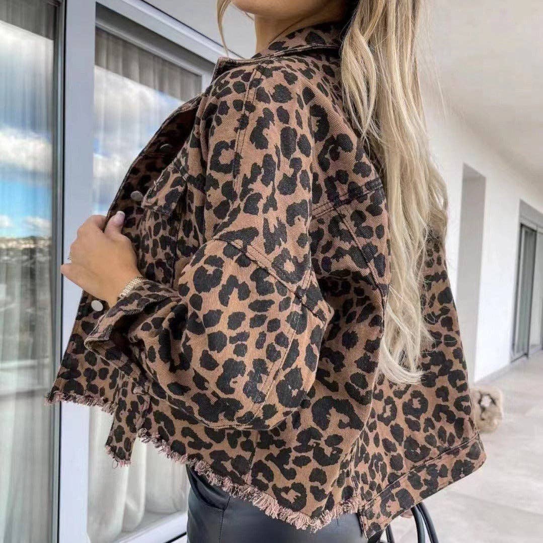 Women's Oversized Long Sleeve Leopard Denim Jacket for wholesale on Faire3