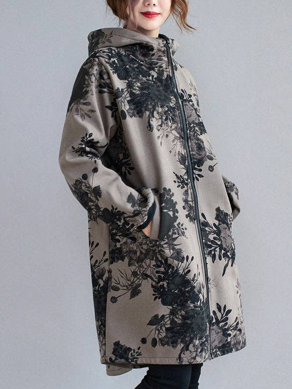 SAME AS PICTURE Artistic Retro Loose Floral Printed Hooded Long Sleeves Outwear for wholesale on Faire2