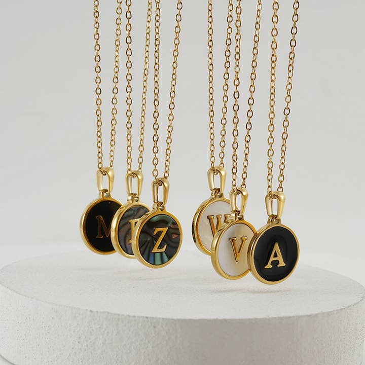 NINEXIS - Wholesale Pendant/Charm Necklace - CWAJE1934_Round Stainless Steel White Shell Letter Necklace