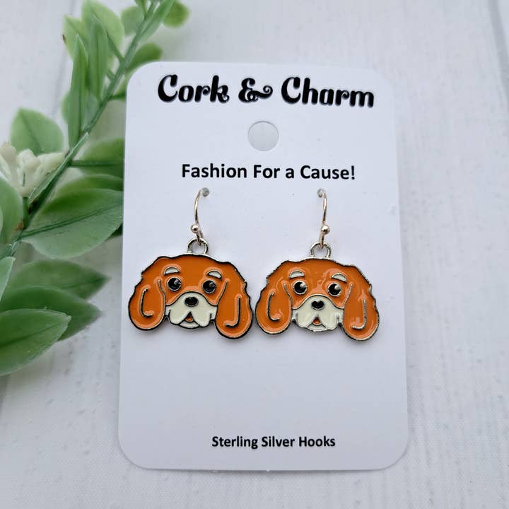 Cavalier King Charles Spaniel Dog Breed Head Face Sterling Silver Earrings for wholesale by Cork and Charm
