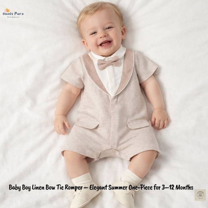 Baby Boy Linen Bow Tie Romper–Summer One-Piece 3–12 M for wholesale by Omnis Pura