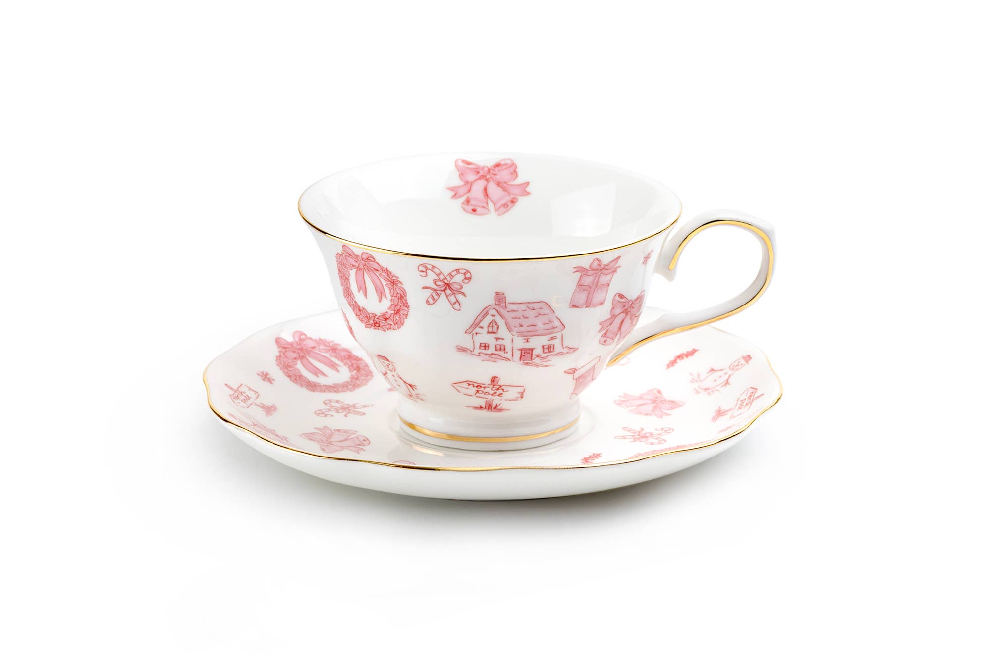 Grace Teaware - Wholesale Coffee/Tea Cup - Christmas Pink Bow 7oz Fine Porcelain Tea Cup and Saucer2