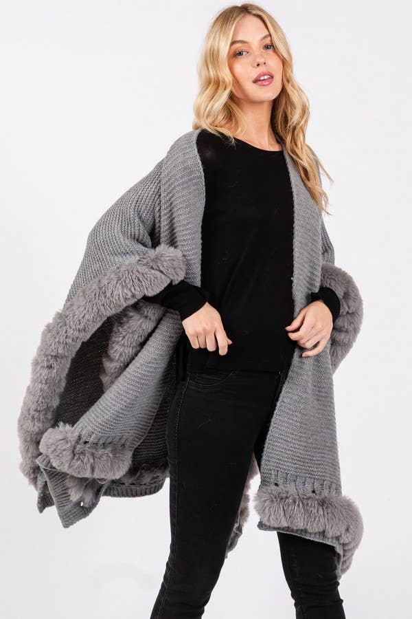 Artini Accessories – wholesale Cape – Women's – Faux Fur Trim Winter Cape Cardigan5