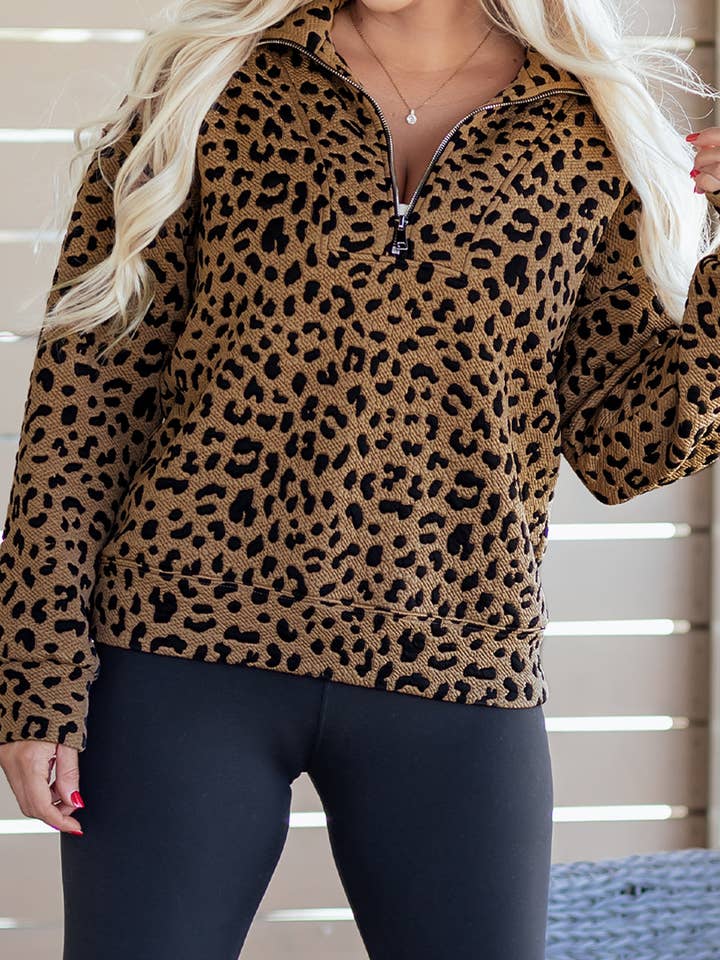 Brown Leopard Print Quarter Zip Sweatshirt for wholesale on Faire1