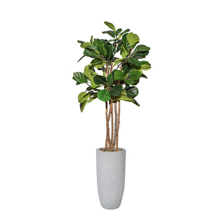 75.3'' Artificial Fiddle Leaf Fig tree in a beige planter for wholesale by Vintage Home