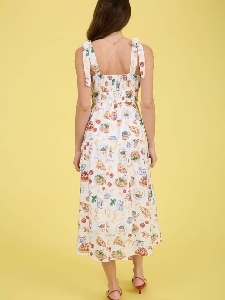 OFF WHITE MULTI TEA TIME PRINT TIE STRAP MIDI DRESS for wholesale on Faire