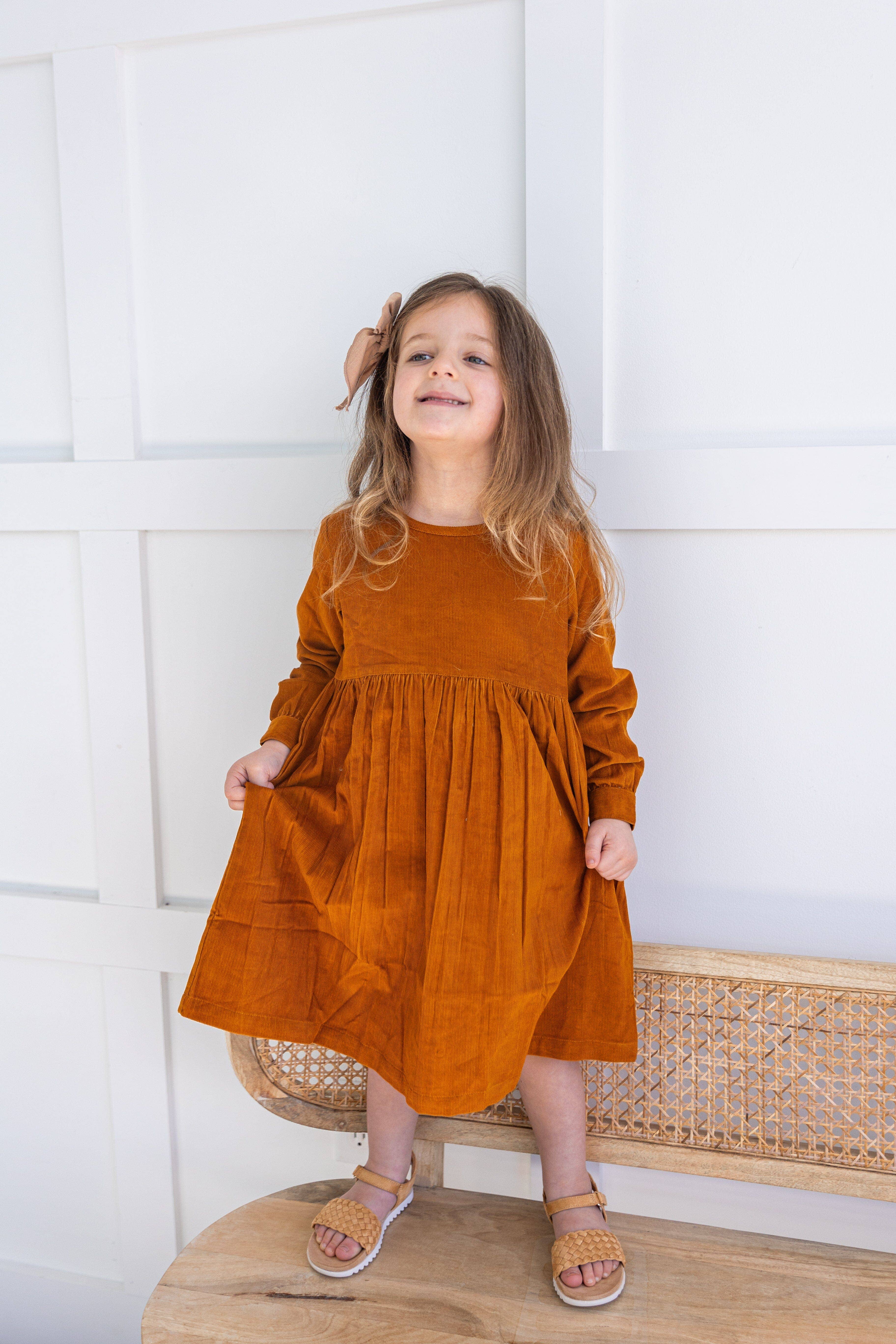 Yo Baby - Wholesale Dress - Kids - Rust Corduroy Solid Color Long Sleeves Gathered Dress5