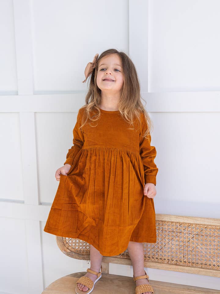 Yo Baby - Wholesale Dress - Kids - Rust Corduroy Solid Color Long Sleeves Gathered Dress5