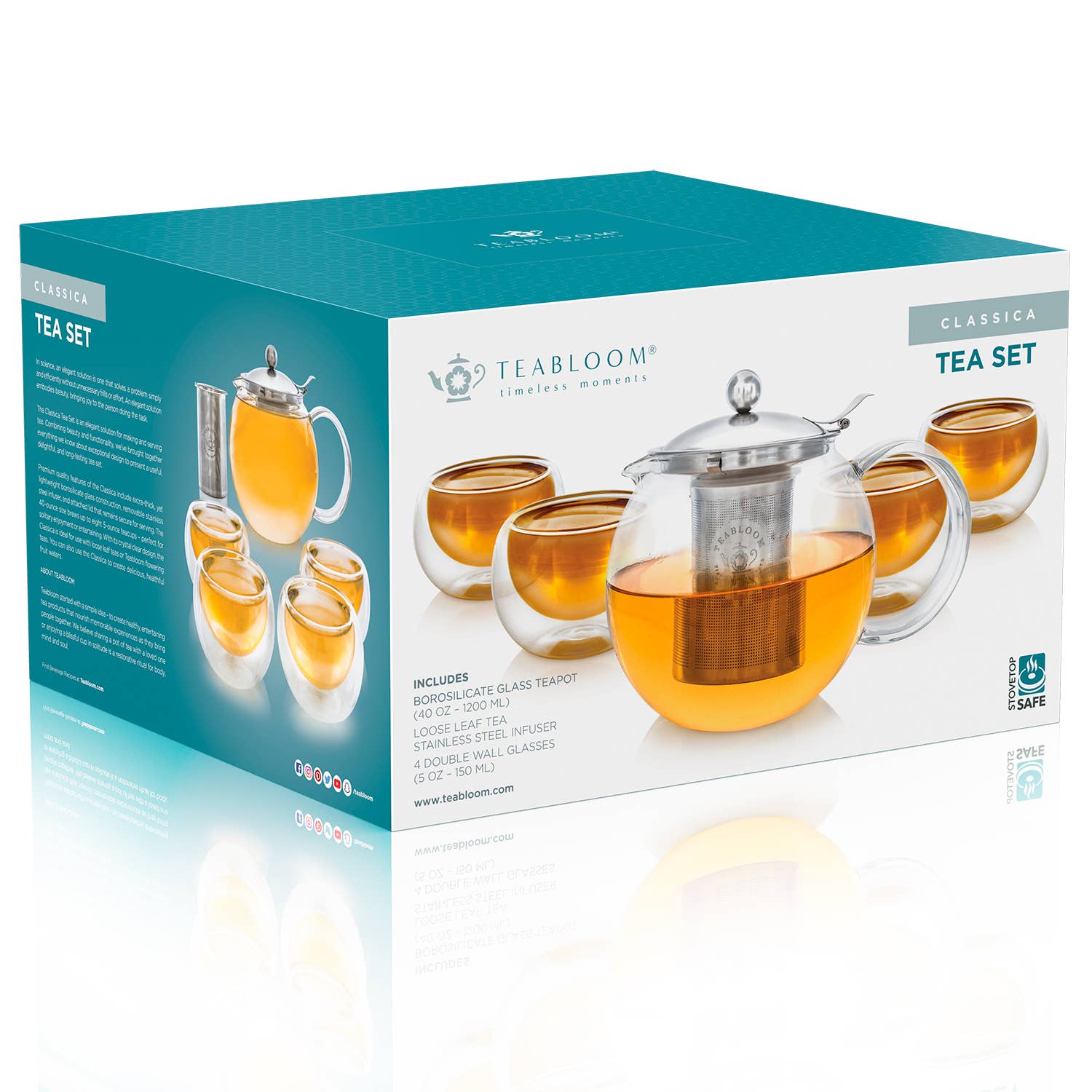 Teabloom - Vente Service à thé - Théière Teabloom Classica et quatre tasses en verre isothermes1