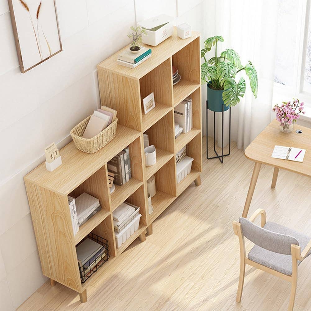 Open Cube Low Bookcase 3 Tier Freestanding Oak Finish for wholesale on Faire6