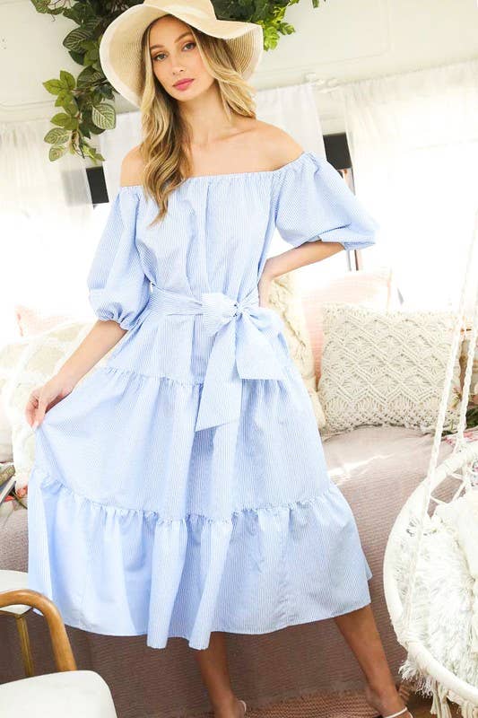 Vine & Love – wholesale Dress – Women's – Off-The-Shoulder Tie Waistband Tiered Striped Dress  VD7029621