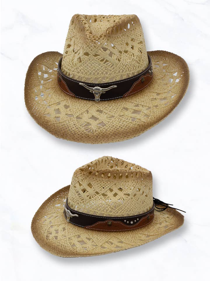 Straw Cowboy Hat with Leather Longhorn Band for wholesale by Suzie Q USA