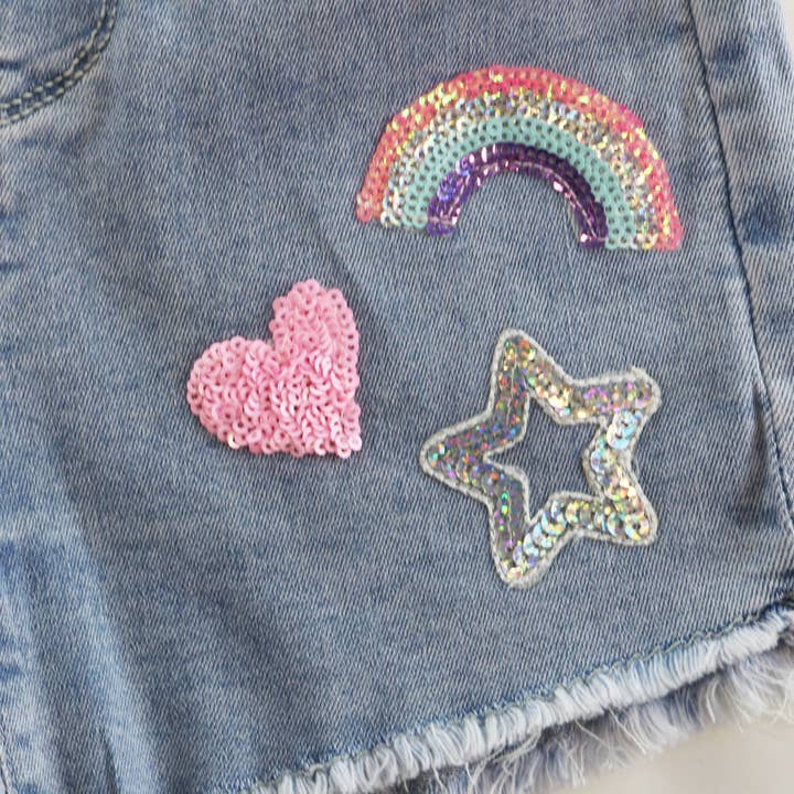 S30 13213 Sequin Heart & Rainbow Denim Shorts for wholesale on Faire