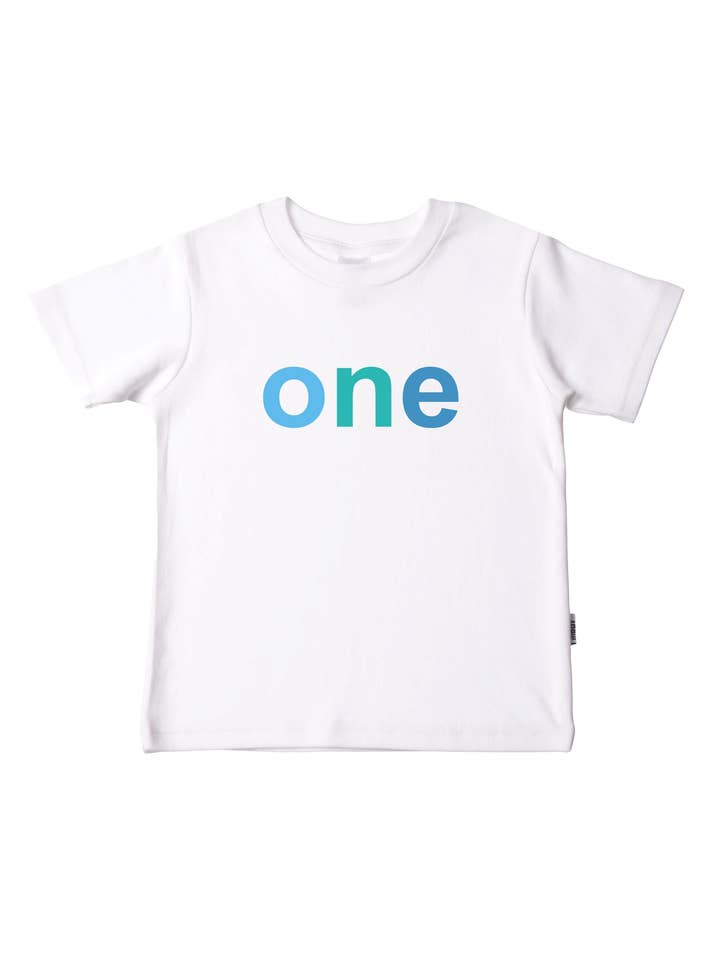 T-shirt pour enfant en coton bio blanc avec "one" pour la vente par Liliput