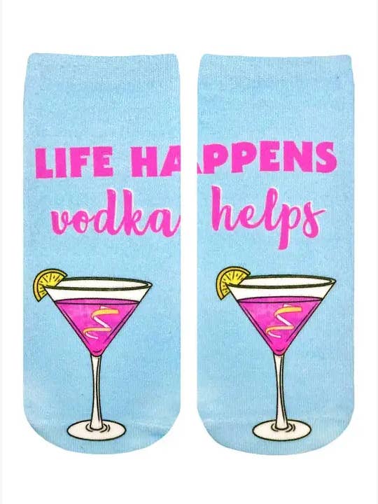 Novelty Graphic Ankle Socks - "Life Happens, Vodka Helps" for wholesale by Living Royal