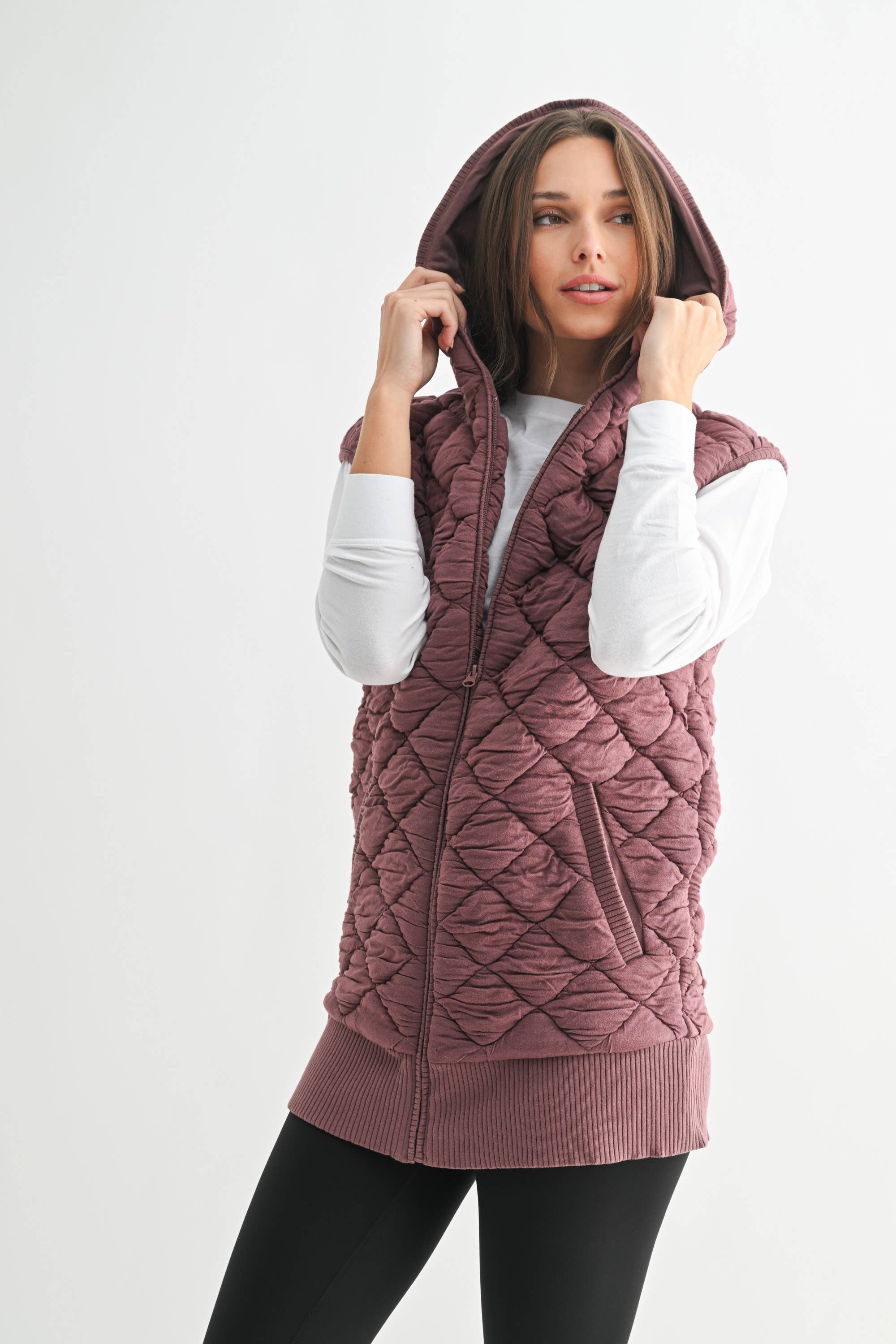 Mono B - Wholesale Outerwear Vest - Women's - Oversized Quilted Fleece Vest with Hood0