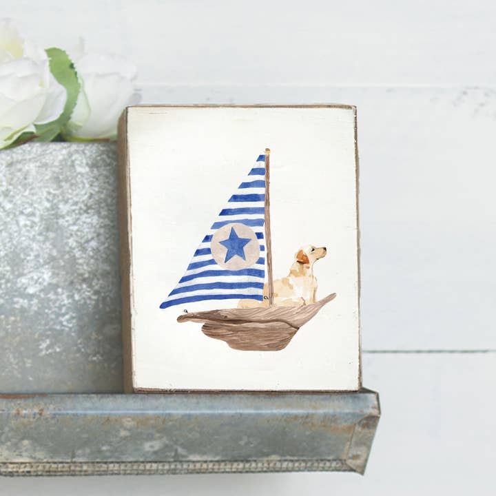 Watercolor Sailboat + Yellow Lab Decorative Wooden Block for wholesale by Rustic Marlin